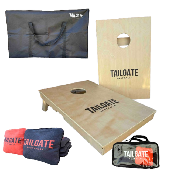 Tailgate Australia Cornhole Set V2.0 - Bundle 2x tailgate size Cornhole boards (90x60cm), 8 dual-sided cornhole bags, board carry case & bag carry case
